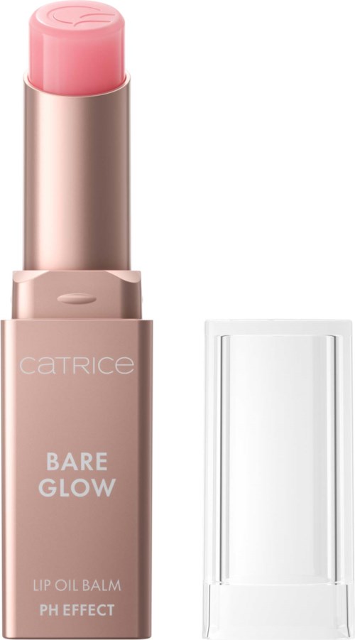 Rosa leppebalsam i et rosegullrør med gjennomsiktig hette og hvit tekst som sier Bare Glow og Lip Oil Balm.