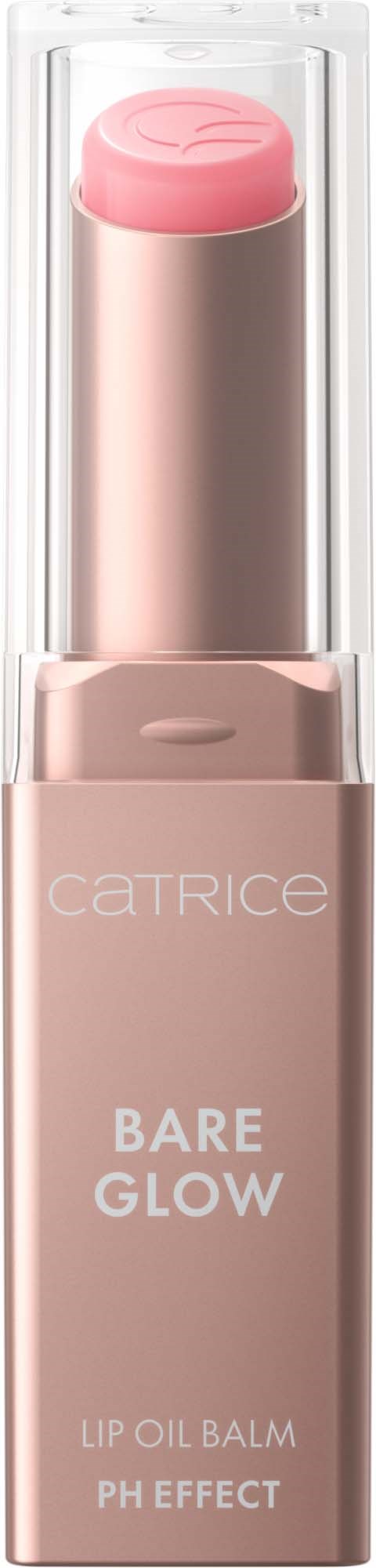 En rosa leppeolje-balm i et beige rør med gjennomsiktig lokk, merket Catrice Bare Glow. For lepper.