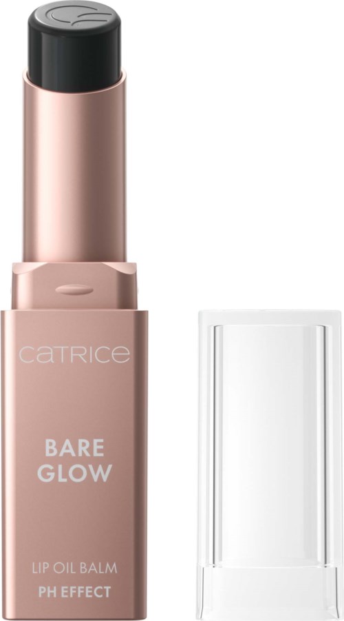 En lip oil balm i en rosa tube med svart lokk, merket Bare Glow, vises opp ant upright med et klart lokk ved siden.