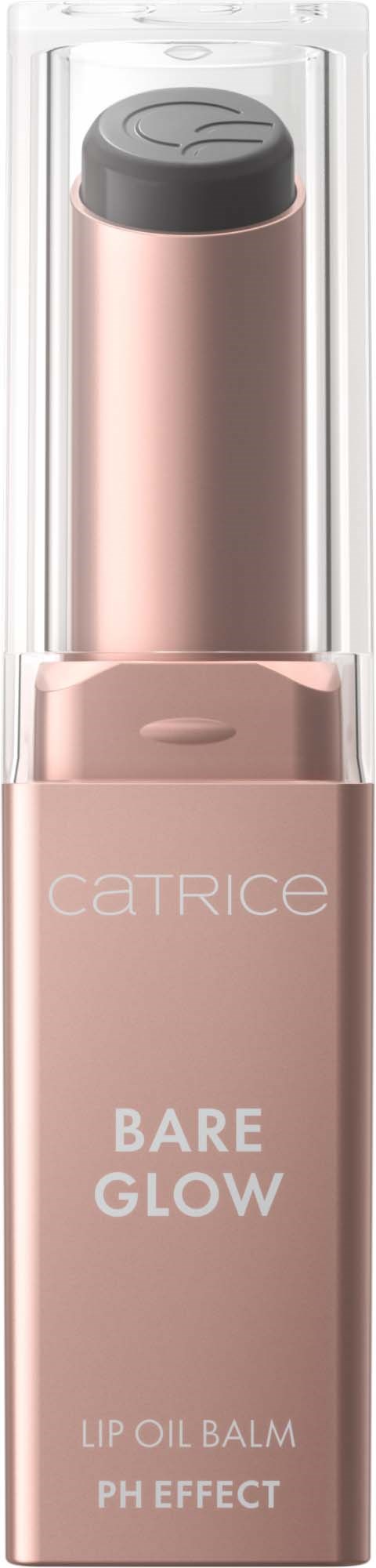 Catrice Bare Glow leppeolje balm i rosa flaske med svart hette. Emballasjen viser produktnavn og beskrivelse.