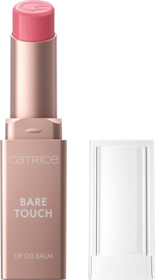 En rosa leppebalm i tube merket Catrice Bare Touch Lip Oil Balm med lokket av. Et klart plasthette er ved siden av.