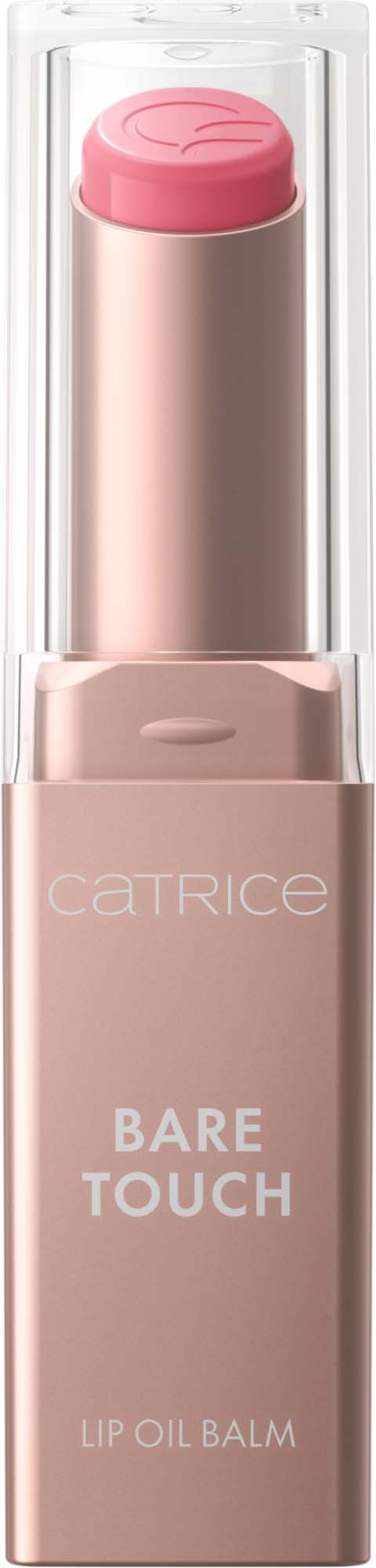 En rosa tube av Catrice Bare Touch Lip Oil Balm med gjennomsiktig hette, plassert vertikalt, med produktnavn på forsiden.
