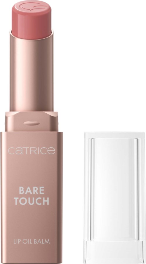 En nude rosa leppebalsam i gullfarget rør med gjennomsiktig lokk. Teksten på røret er Catrice Bare Touch Lip Oil Balm.