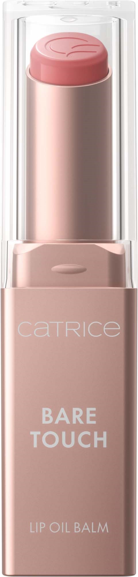 En rosa leppebalsam i tube med gjennomsiktig hette. Merket er Catrice Bare Touch Lip Oil Balm.