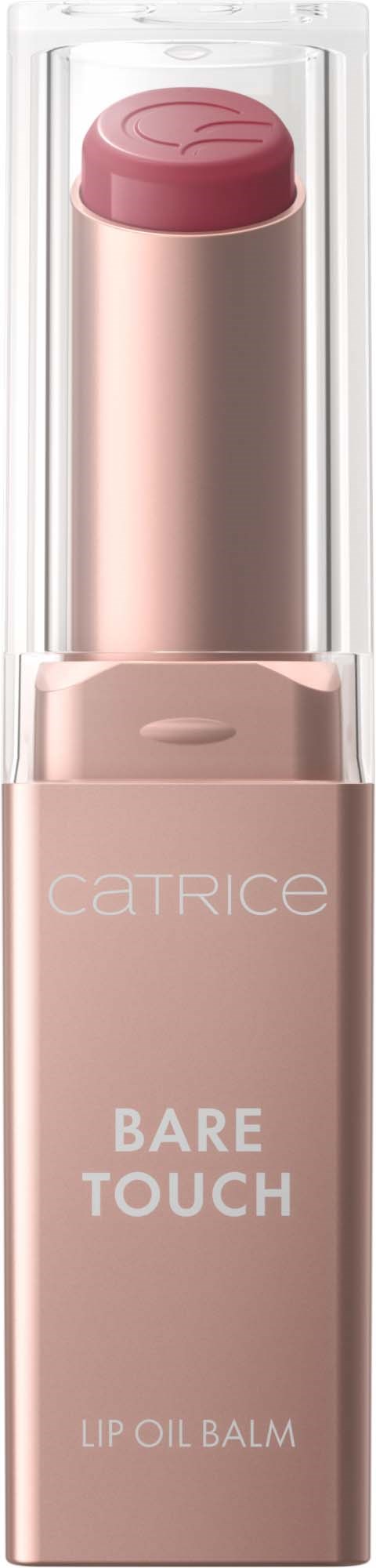 Lyserosa leppeoljebalm i en tube med klar hette og minimalistisk etikett. Merke: Catrice, produkt: Bare Touch.