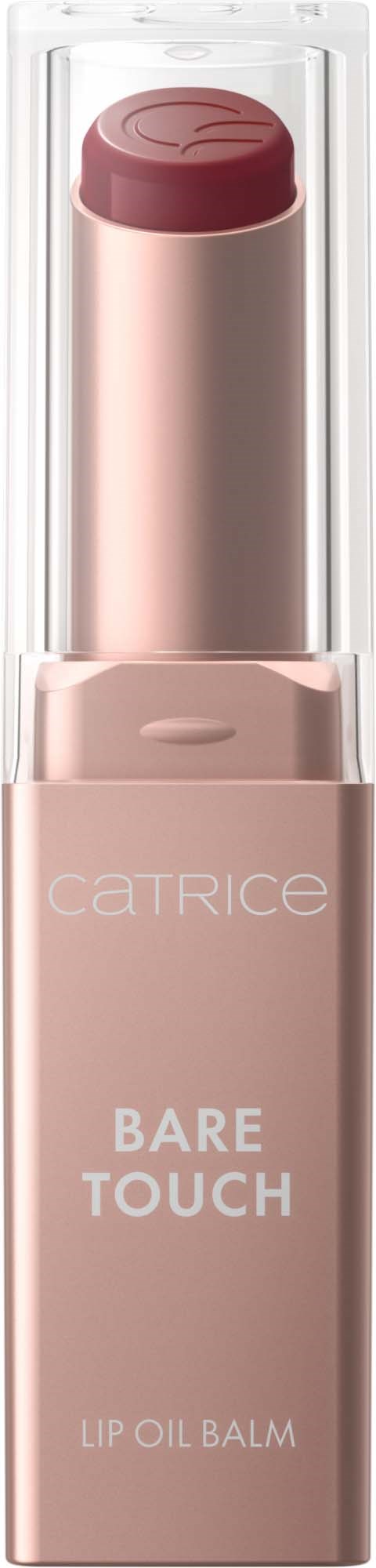 Catrice Bare Touch leppeolje balm i et beige rør med gjennomsiktig kork og balm inni.