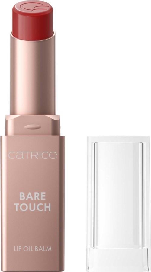 Catrice Bare Touch leppeolje-balsam i en rosa tube med klart lokk og delvis synlig leppestift i matchende farge.