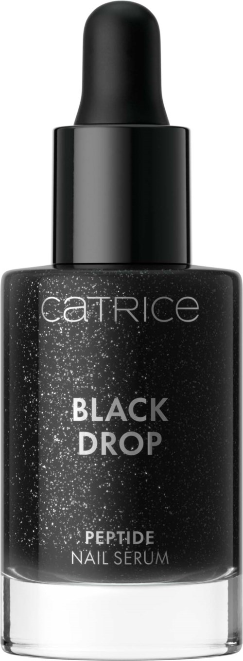 Zwarte fles met pipet en label, genaamd Catrice Black Drop Peptide Nail Serum.