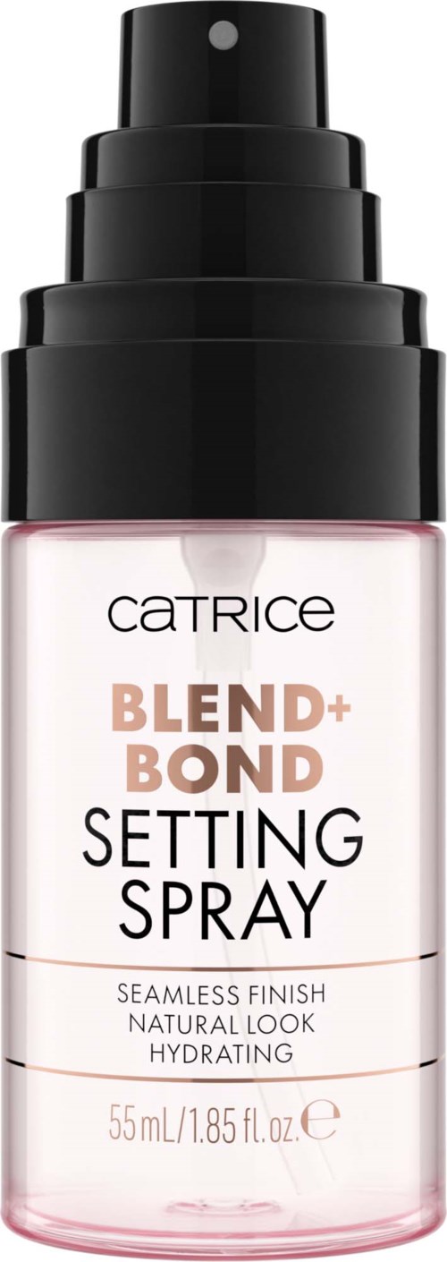 A pink and black spray bottle labeled Catrice Blend+Bond Setting Spray, claiming to give a natural, hydrated finish.