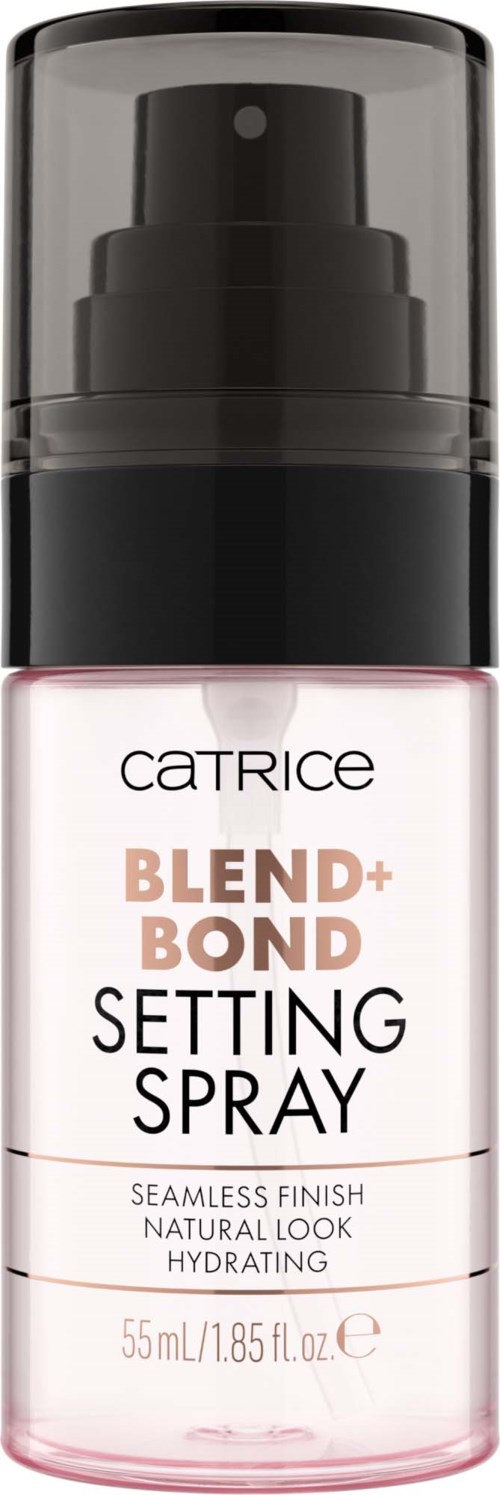 A small bottle with a pump, labeled 'Catrice Blend+Bond Setting Spray,' for makeup setting and hydration.