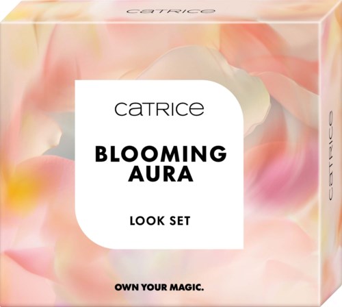 Kotelopakkaus kukkakuvioilla ja tekstillä Catrice Blooming Aura Look Set Own Your Magic.