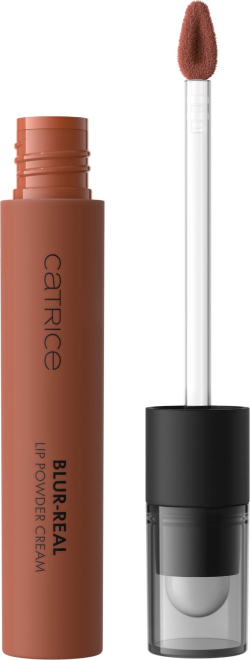 Catrice Blur Real leppepulver kremrør med påføringsstav, lokket er svart, røret er lysbrunt.
