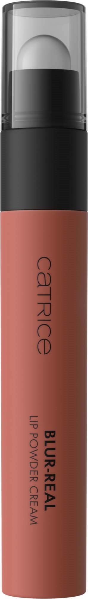 Et Catrice leppeprodukt kalt Blur Real Lip Power Cream med svart og gjennomsiktig lokk.