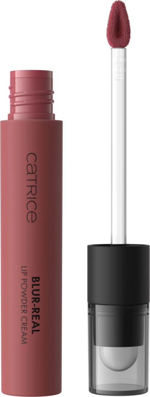 Catrice Burst-Lip flytende leppestift i rosa farge med påføringsbørste. Røret er rosa med svarte og klare elementer.