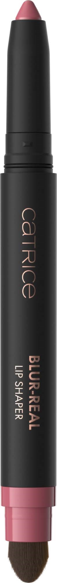 Makeup-penna med rosa spets och svart kropp, märkt Catric och Blur Read Lip Shaper.