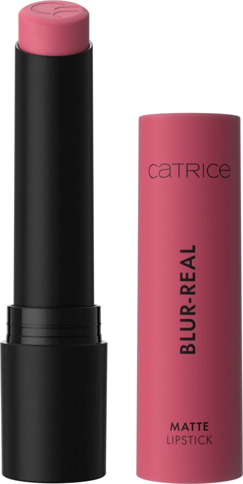 Pink lipstick in a black tube with a pink cap, labeled "Catrice Blur-Real Matte Lipstick."