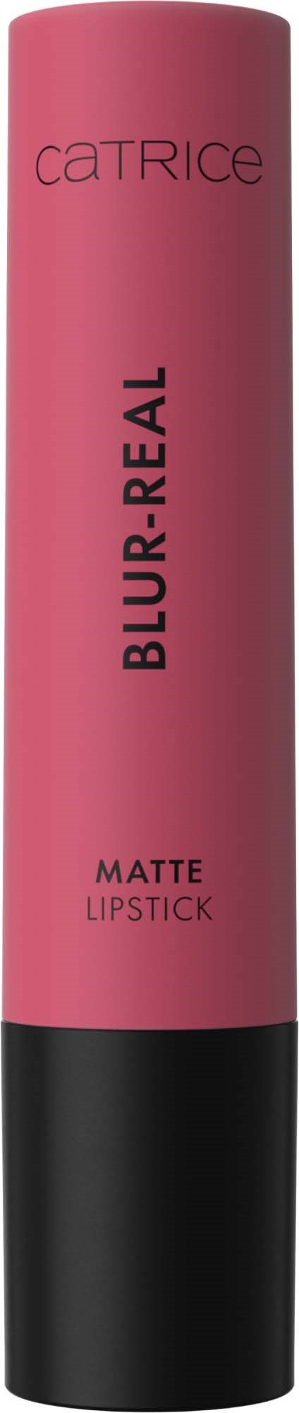 A pink and black makeup stick with the words 'Catrice Blur & Real Matte Lipstick' written on it.