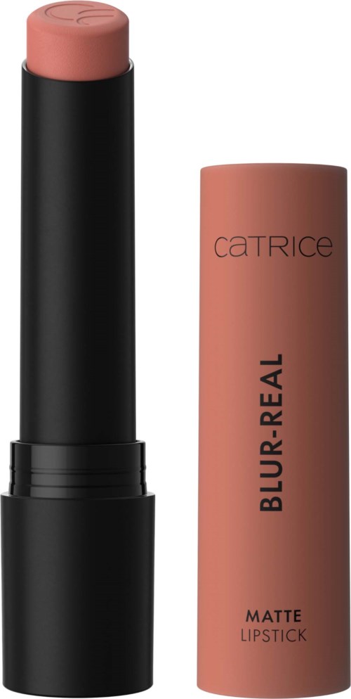 A nude lipstick with a black case and a pinkish-brown cap labeled Catrice Blur-Realm Matte Lipstick.