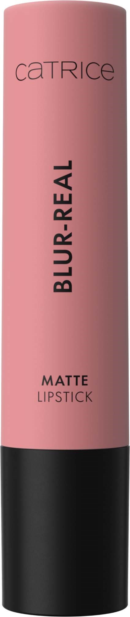 Roze matte lippenstiftbuis met zwarte basis, met label 'Catrice Blur Retail' en 'Matte Lipstick.'