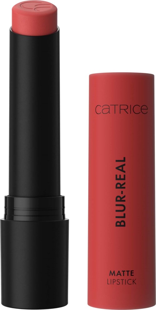 A lipstick in a black tube and a red cap, with the words CATRICE, BLUR-REAL, and MATTE LIPSTICK on it.