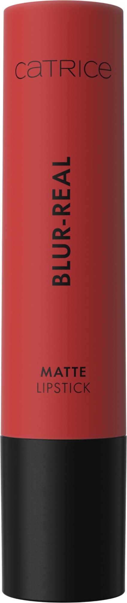 A red lipstick tube with black bottom, brand name Catrice, and product named Blur-Real Matte Lipstick.