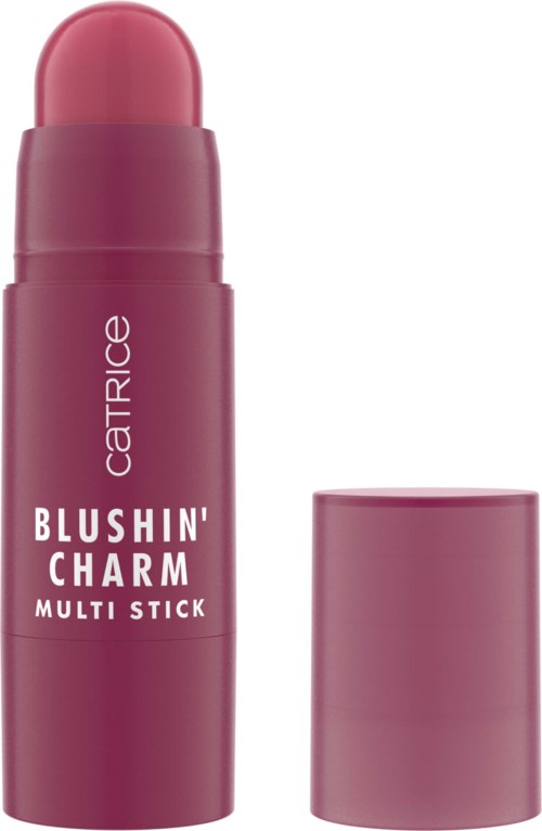A pink lipstick stick with a cap, labeled 'Blushin' Charm' by Catrice, standing next to its cap.