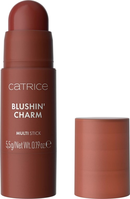 Een make-upstick met de tekst 'Blushin' Charm' van Catrice, zonder dop, met een bruinachtige kleur.