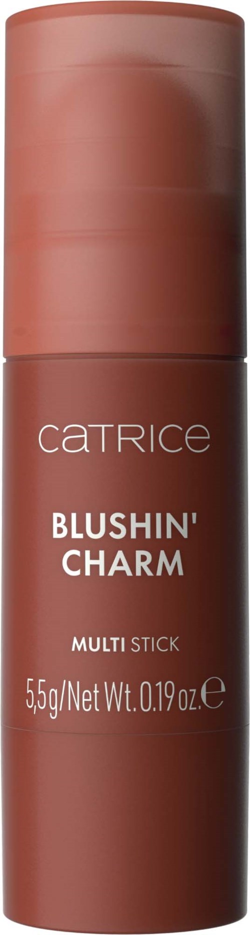 Een Catrice make-up product genaamd "Blushin' Charm" in een bruine tube, beschreven als een multi-stick, weegt 5,5 gram.