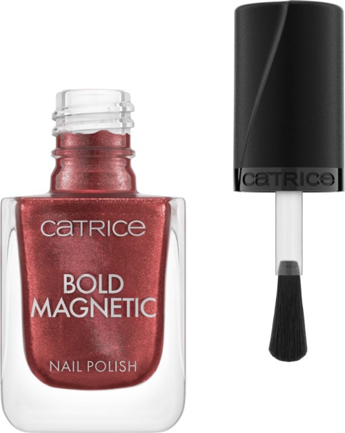 Roter Nagellack in einer transparenten Flasche mit schwarzem Deckel und Pinsel.