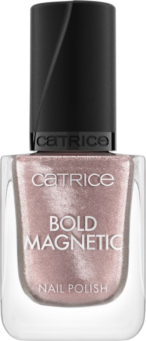 Flasche mit Catrice Bold Magnetic Nagellack, schwarzer Deckel, roséfarbener Glanz.
