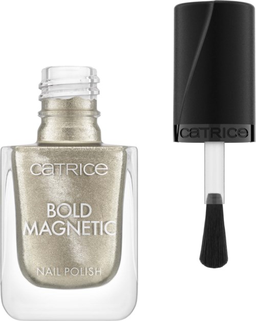 Eine Flasche Catrice Nagellack mit dem Namen 'Bold Magnetic' und schwarzem Deckel sowie Applikatorschwamm.