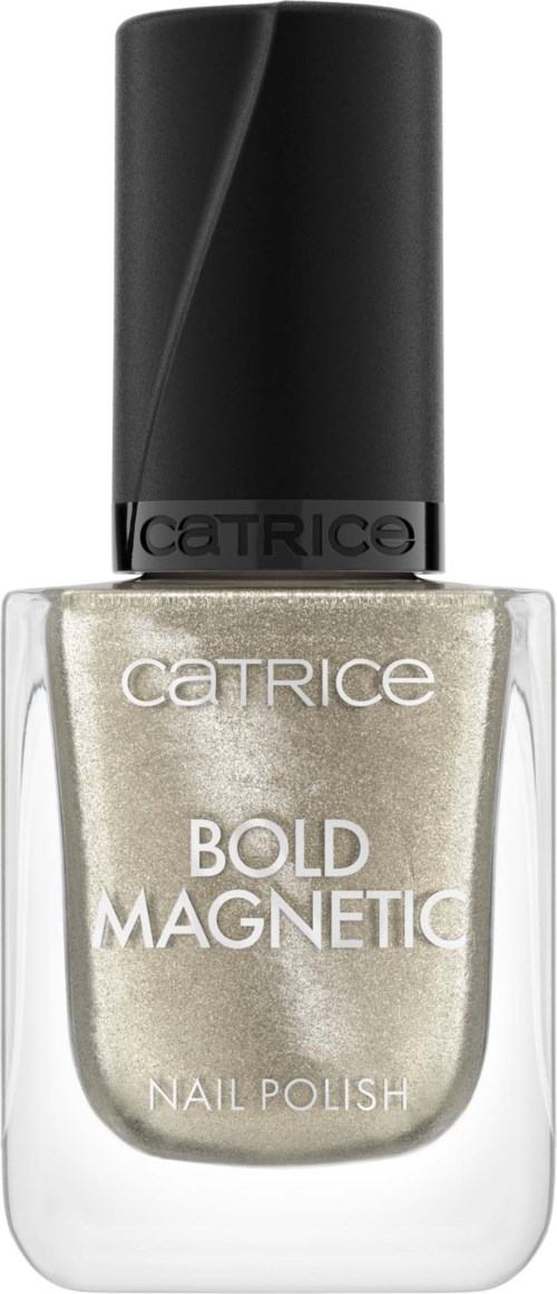 Eine Nagellackflasche mit schwarzem Deckel, Beschriftung Catrice Bold Magnetic, enthält silbernen Nagellack.