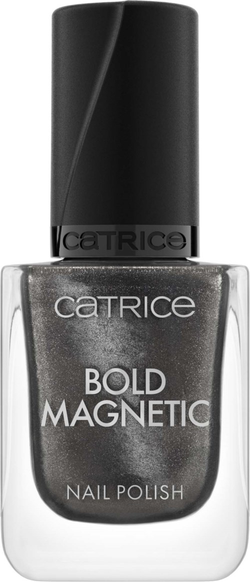 A shiny silver nail polish in a clear bottle with a black cap, labeled 'Catrice Bold Magnetic Nail Polish.'