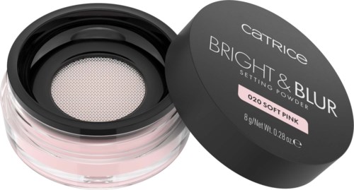 A compact container of Catrice Bright & Blur setting powder in pink, with lid showing product name and details.