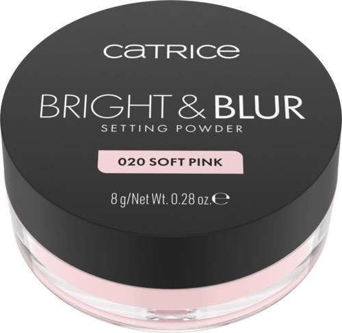 Catrice loose setting powder in a pink shade, called Soft Pink, named Bright & Blur, weighs 8 grams.