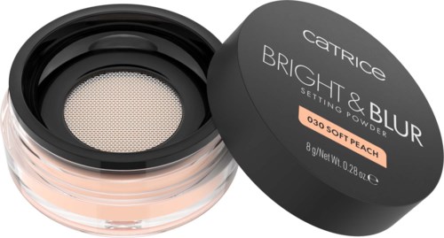 A round container of setting powder with a black lid and a peach-colored label, labeled as bright and blur.