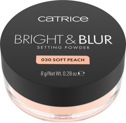 Catrice bright and blur setting powder in soft peach, 8 grams. Round container with black lid and pinkish powder.