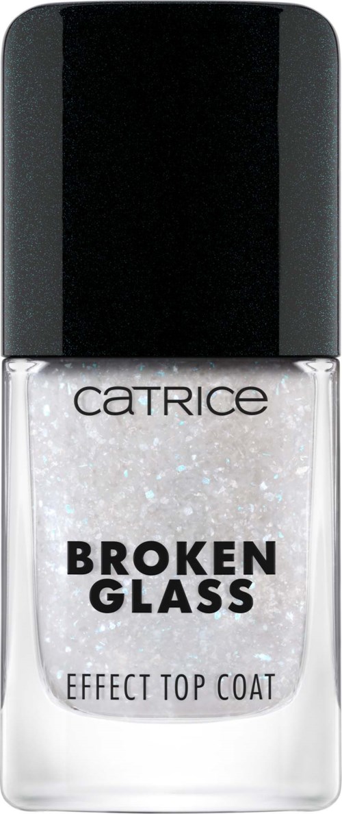 Een doorzichtige nagellakfles met zwarte dop, genaamd 'Broken Glass' door Catrice, glinstert binnenin.