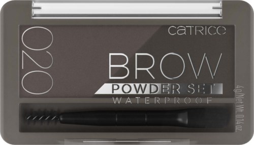 A brow powder set in a box with a small brush included for shaping eyebrows.