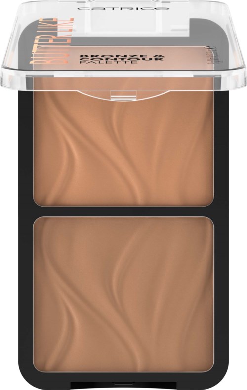 Two shades of pressed powder makeup in a black and clear plastic compact. The top has a transparent lid.