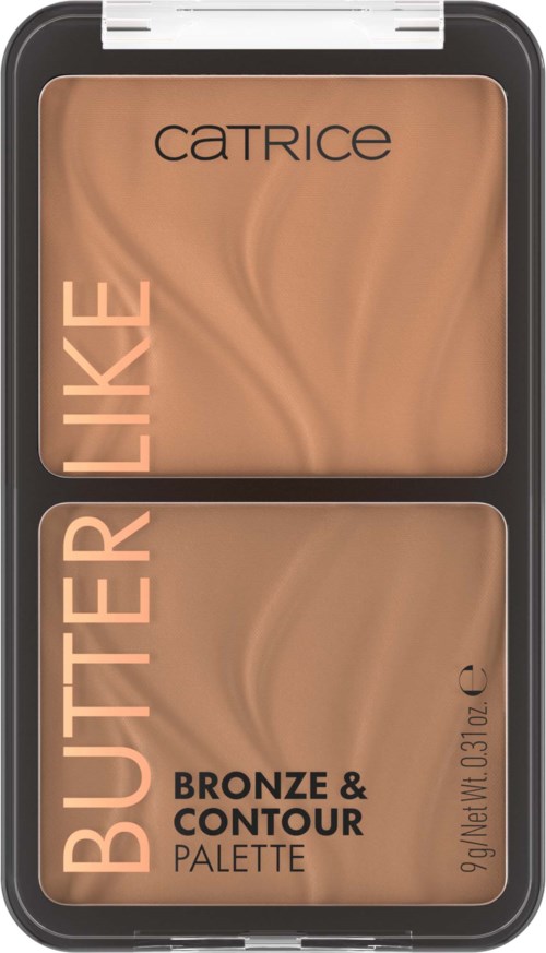A Catrice makeup palette with two shades: bronzer and contour, in a black case with a clear lid.