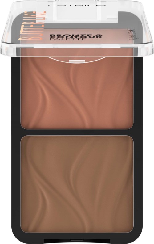 Een make-up compact met twee beige poederlagen, doorzichtig deksel en zwart container.