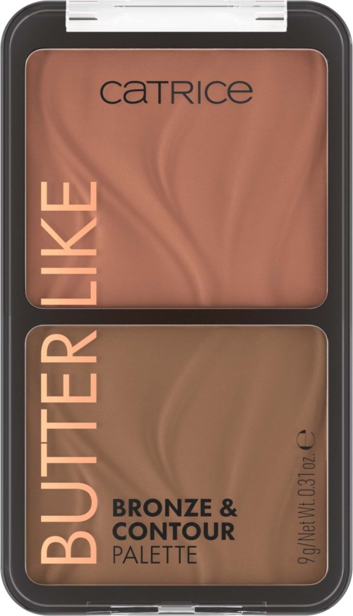 Een make-up palette met twee tinten: bronzer en contour. De palette is labeled "Butter Like" door Catrice.