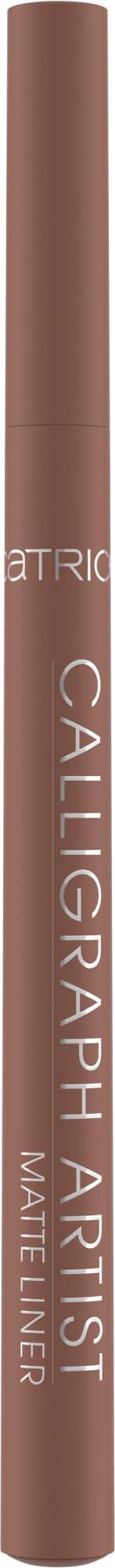 En brun makeup-penna med etiketten 'Calligraphy Artist Matte Liner' mot en svart bakgrund.
