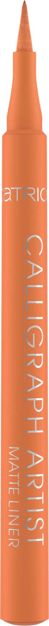 A peach-colored eyeliner pencil with white text reading "CALLIGRAPH ARTIST" and "MATTE LINER."