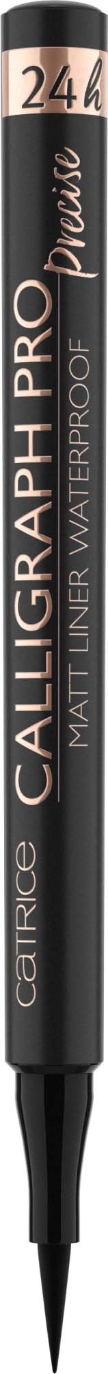 A black waterproof marker pen with a fine tip and silver and pink label, labeled 'Catrice Calligraph PRO'.