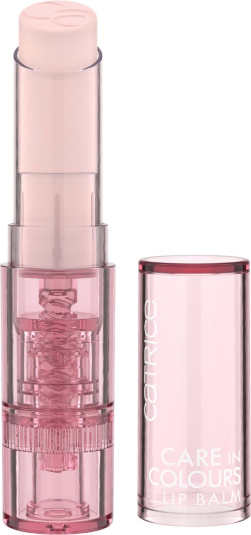 Pink lip balm tube with a clear cap, and the label says 'Care in Colours Lip Balm' on it.