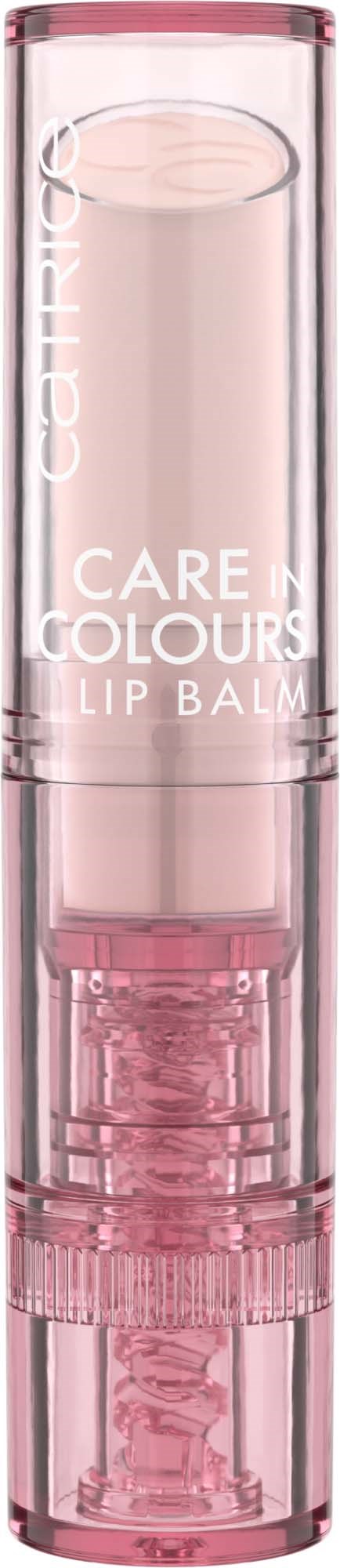 A pink transparent tube with a white lipstick inside, labeled 'Care Colours Lip Balm'.