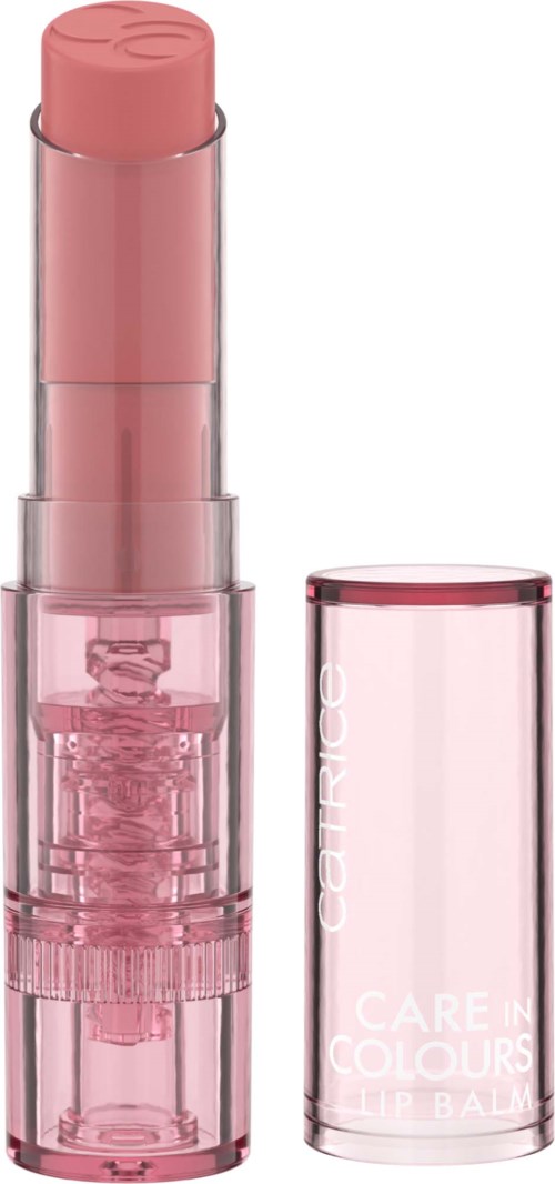 Pink lip balm with a transparent tube and cap, showing the balm inside.