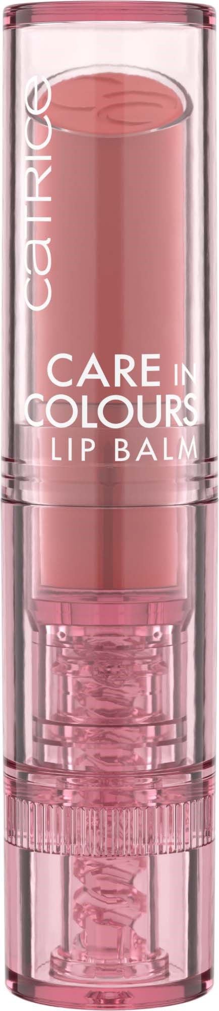 A pink transparent lip balm tube with a clear cap, showing the product inside. It has white and silver text on it.